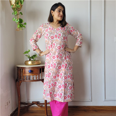 Pink Blossom Floral Cotton Kurta with Bright Pink Pants