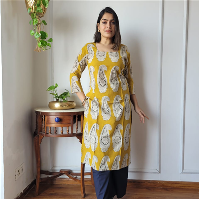 Mustard Paisley Cotton Kurti Set in Artisan Crafted Fabric