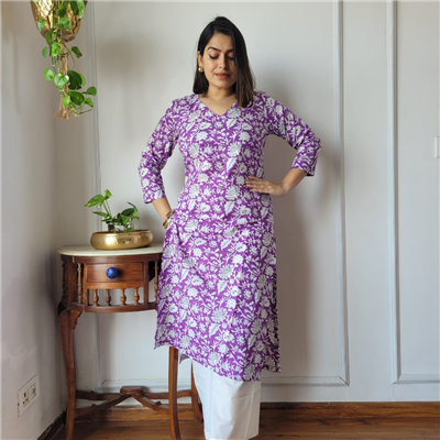 Lavender Blooms Hand Block Printed Cotton Kurta Set with White Pants