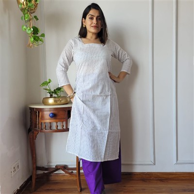 Indigo Charm Hand Block Print Cotton Kurta with Purple Pants Set