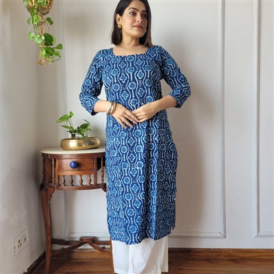 Navy Blue Floral Geometry Cotton Kurti Set