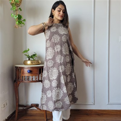 Earth Brown Floral Harmony Cotton Kurta with White Pant Set