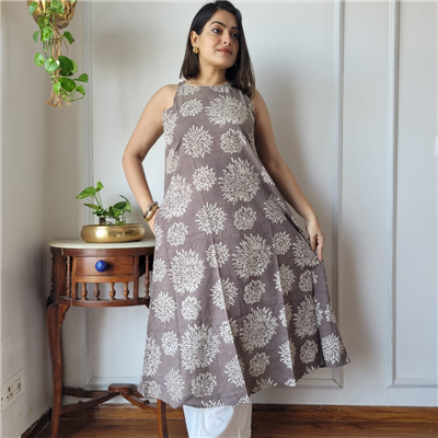 Earth Brown Floral Harmony Cotton Kurta with White Pant Set