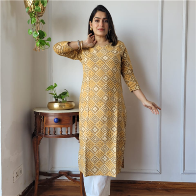 Mustard Geometric Bloom Cotton Kurti Set with White Pants