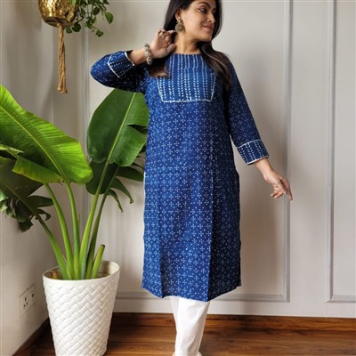 Navy Blue Dotted Elegance Cotton Kurti Ensemble with White Pants