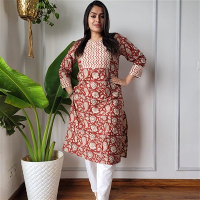Rust Red Paisley Cotton Bliss Kurti Ensemble with White Pants