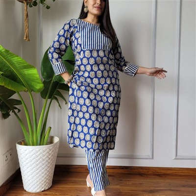 Navy Blue Floral Delight Cotton Kurta Set with Striped Pants