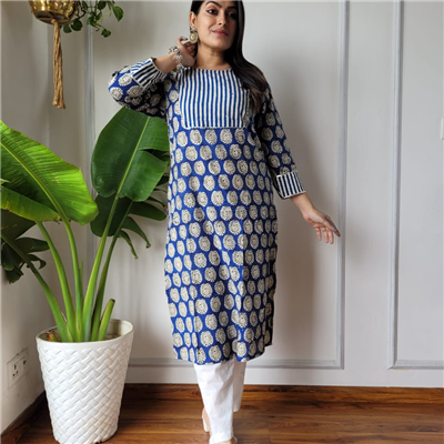 Navy Blue Floral Delight Cotton Kurta Set with Striped Pants