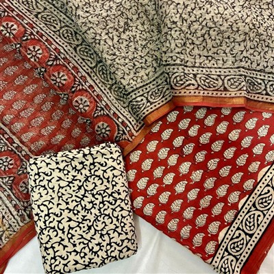 Crimson Geometric Flora Cotton Dress Material