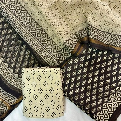 Beige Geometric Elegance Kota Doria Dress Material