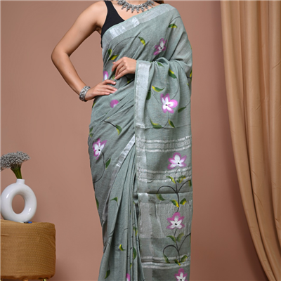Sage Floral Harmony Hand Block Printed Linen Saree