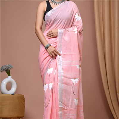 Blush Petal Harmony Hand Block Printed Linen Saree