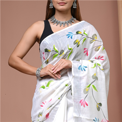 Crimson Bloom Hand Block Printed Linen Saree