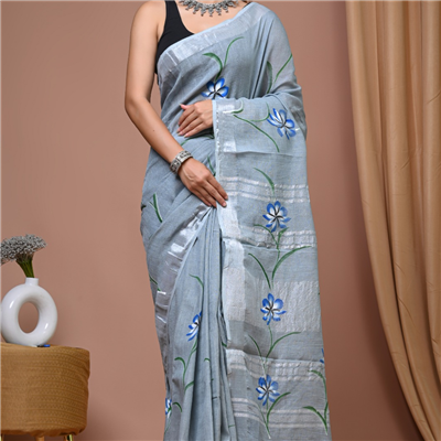 Sky Blooms Floral Print Linen Saree
