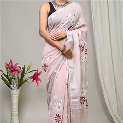 Cascading Jade Floral Hand Block Printed Linen Saree