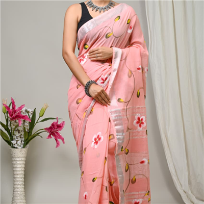 Serene Blush Floral Hand Block Printed Linen Saree