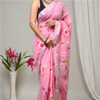 Sunlit Meadow Hand Block Printed Linen Saree