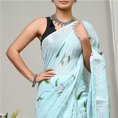 Aqua Bloom Floral Hand Block Printed Linen Saree