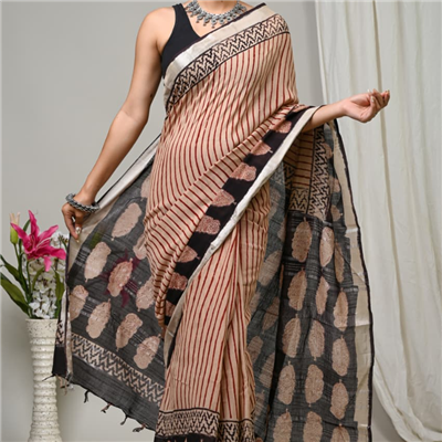 Crimson Geometric Hand Block Printed Linen Saree