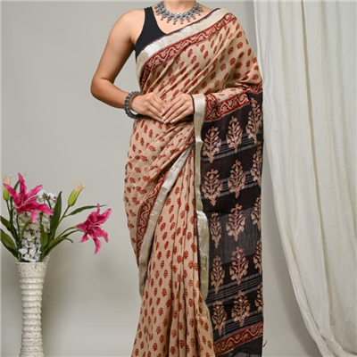 Rustic Charm Floral Hand Block Printed Linen Saree