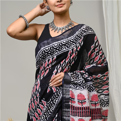 Midnight Blossom Geometric Hand Block Printed Linen Saree