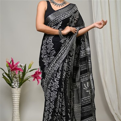 Ebon Cascade Paisley Hand Block Printed Linen Saree