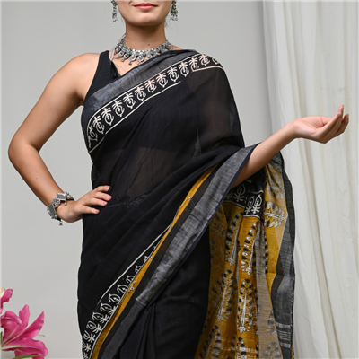 Ebon Geometric Block Print Linen Saree