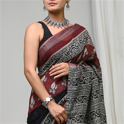 Crimson Geometry Linen Saree