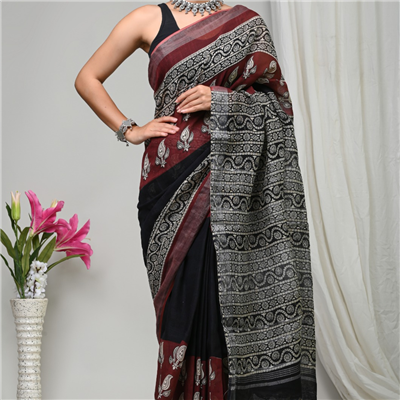 Crimson Geometry Linen Saree