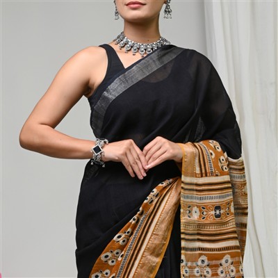 Verdant Dream Hand Block Printed Linen Saree