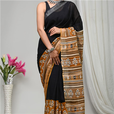 Verdant Dream Hand Block Printed Linen Saree