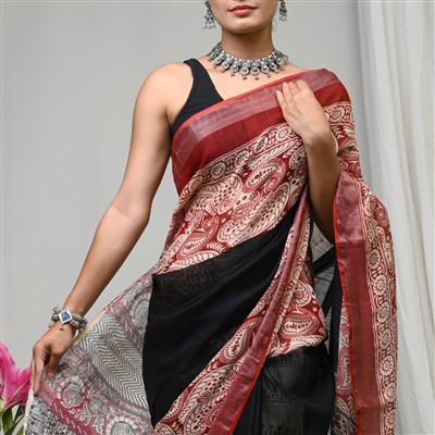 Crimson Paisley Dreams Linen Fabric Saree