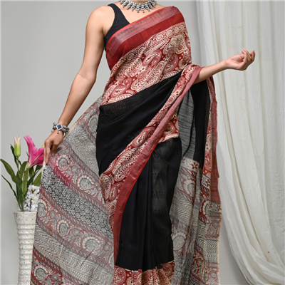 Crimson Paisley Dreams Linen Fabric Saree