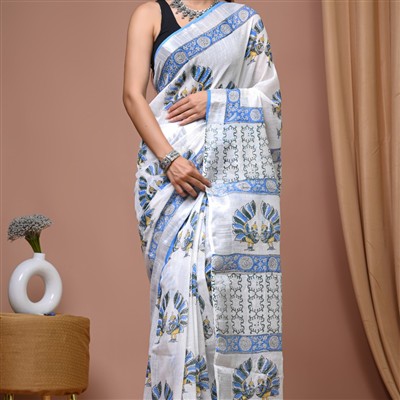 Sky Blue Floral Harmony Linen Fabric Saree