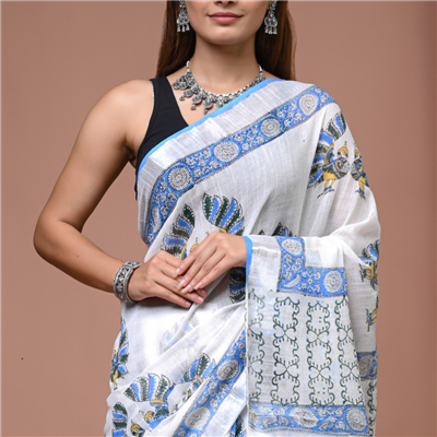 Sky Blue Floral Harmony Linen Fabric Saree