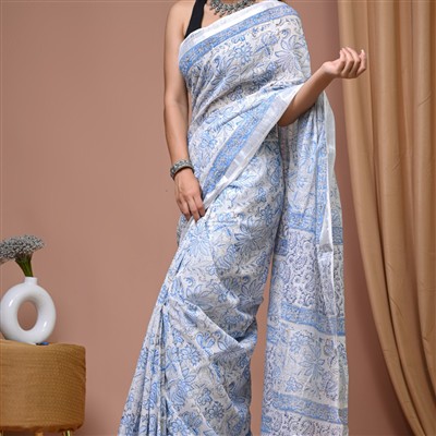 Azure Petals Hand Block Printed Linen Saree