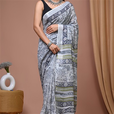 Indigo Bloom Hand Block Printed Linen Saree