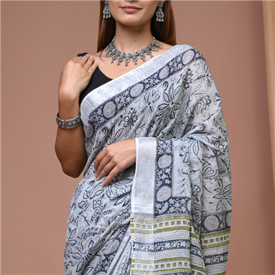 Indigo Bloom Hand Block Printed Linen Saree