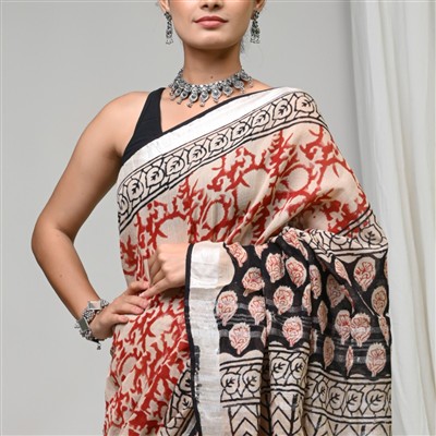 Cerulean Petal Hand Block Printed Linen Saree