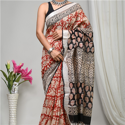 Cerulean Petal Hand Block Printed Linen Saree