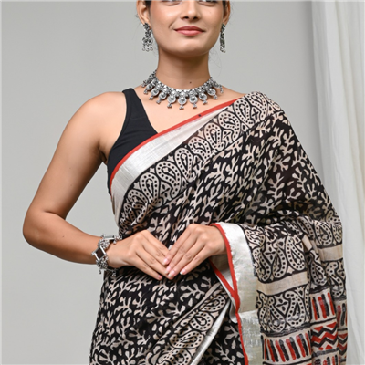 Turquoise Floral Cascade Linen Fabric Saree