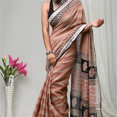 Crimson Zigzag Hand Block Printed Linen Saree