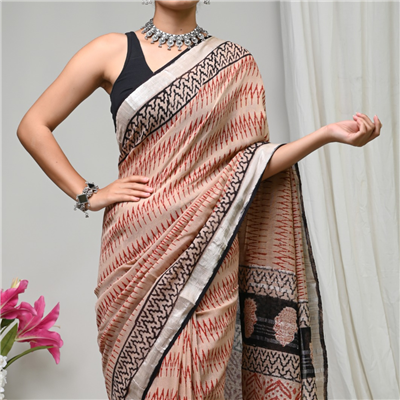 Crimson Zigzag Hand Block Printed Linen Saree
