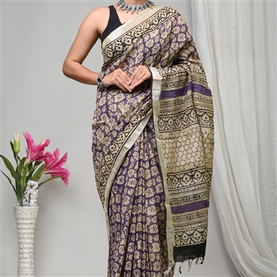 Regal Purple Floral Geometric Linen Saree