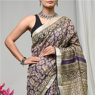 Regal Purple Floral Geometric Linen Saree