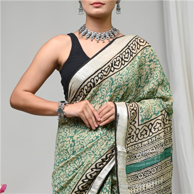 Teal Blossom Geometric Linen Fabric Saree