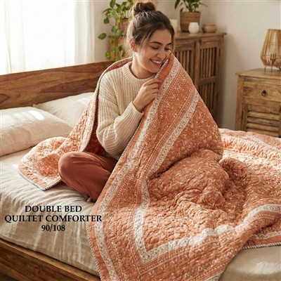 Terracotta Floral Block Print King Size Comforter