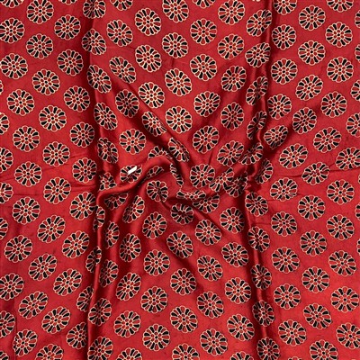 Crimson Floral Harmony Hand Block Printed Modal Silk Fabric
