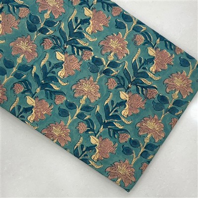 Teal Rose Blooms Artisan Cotton Running Fabric