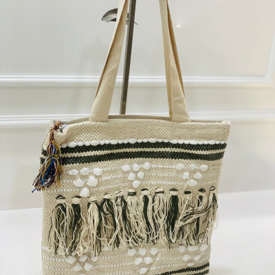 Ivory Geometric Weave Cotton Jhola Bag